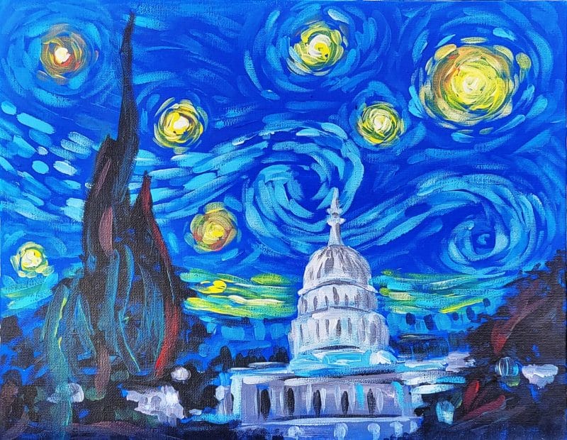 Join us for a DC-themed paint and sip event where you will create a stunning masterpiece of the capitol building under a starry sky. Unleash your creativity while enjoying a fun night.