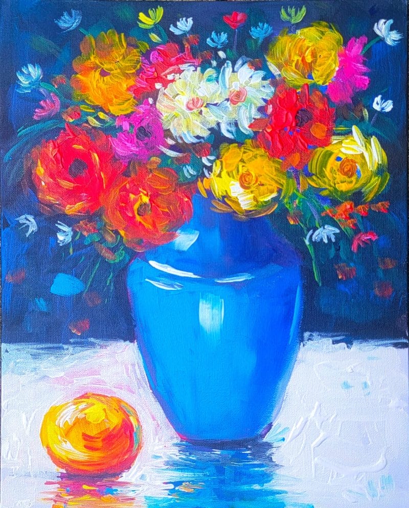 A painting of a blue vase with flowers in it, created during a fun Paint and Sip session in DC.