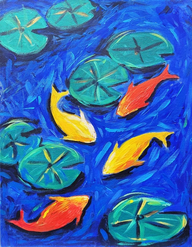 A painting of koi fish in a pond with lily pads created during a paint and sip session.