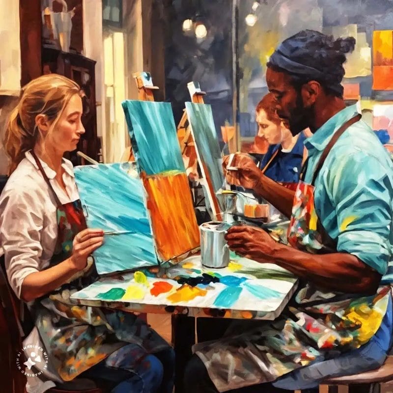 A paint and sip event featuring two individuals immersed in their artwork at an art studio.