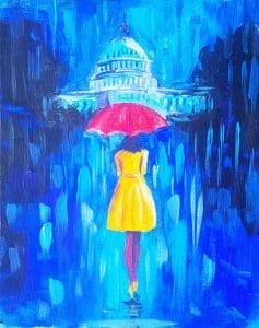 A painting of a woman holding an umbrella in the rain.
