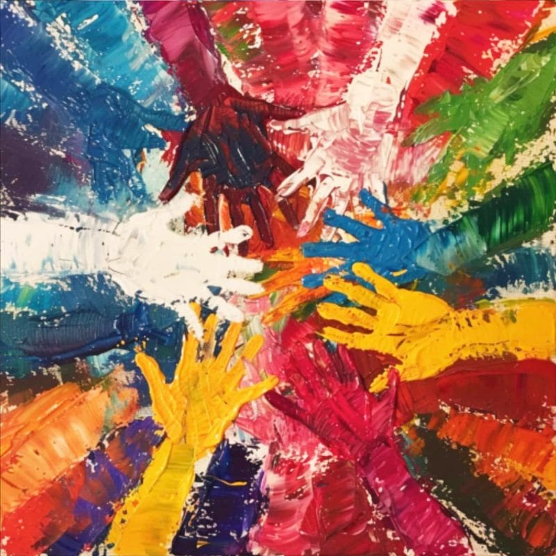 A colorful circle of hands, painted during a sip and paint session in Washington DC.