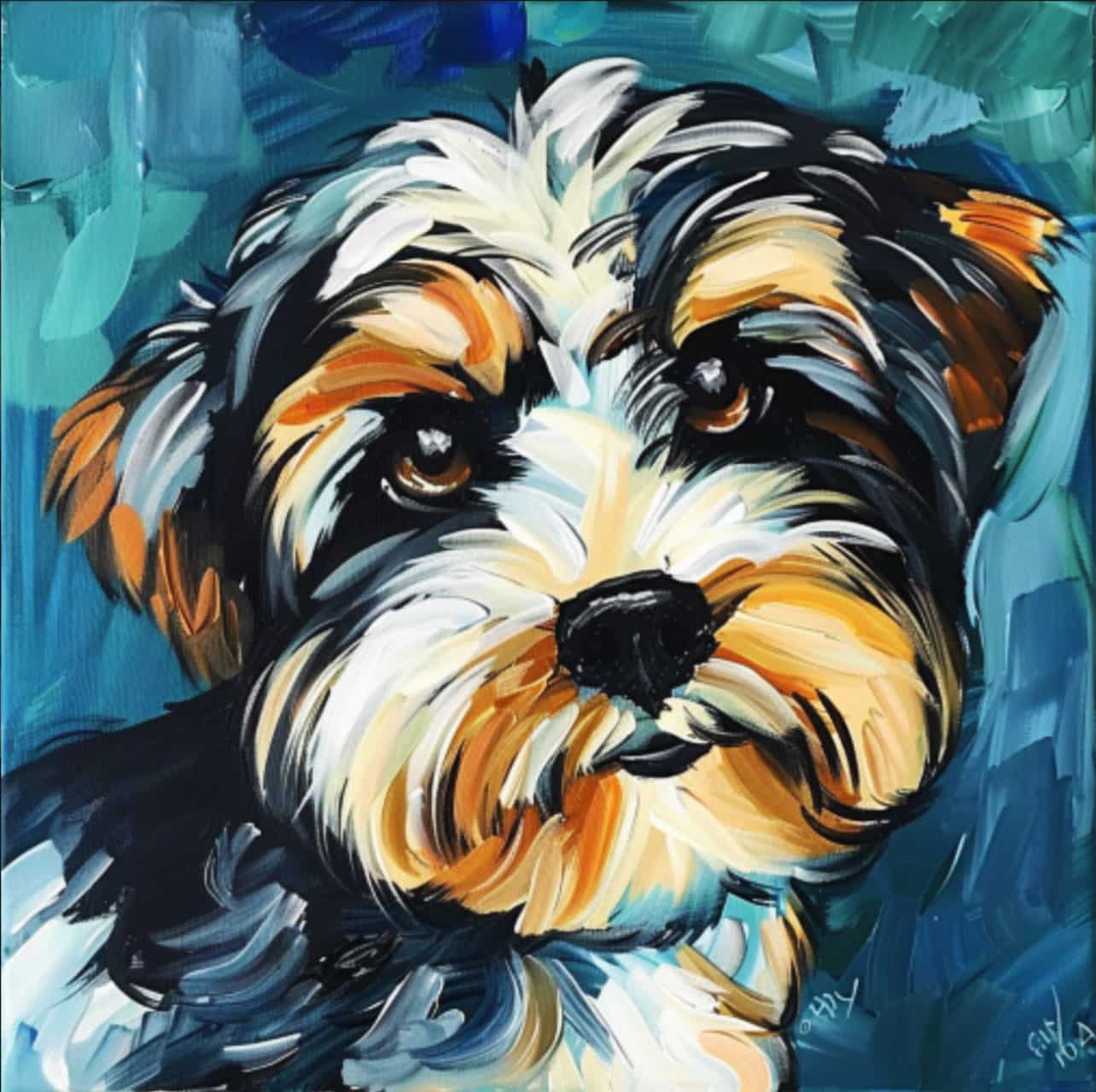A painting of a yorkshire terrier on a blue background.