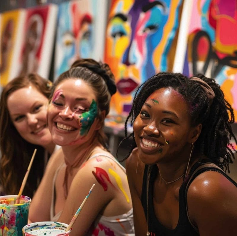 A group of women with colorful face paint. Prepared for a delightful paint and sip experience in Washington, DC.