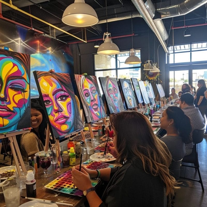 A group of individuals engaging in a paint and sip session at a restaurant.