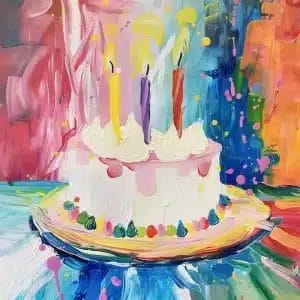 A painting of a birthday cake with candles.