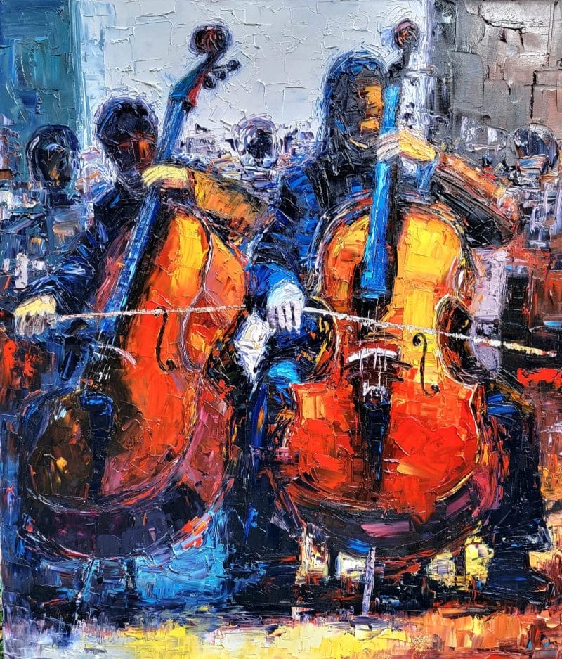 Experience the joy of watching two cellists play music in this stunning painting. Join us at our paint and sip event in Washington DC to bring this masterpiece to life!